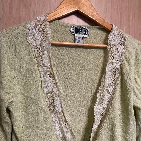 Vintage Green Lace Trim Tie Front Cardigan Cottage Coquette Small - Picture 3 of 4